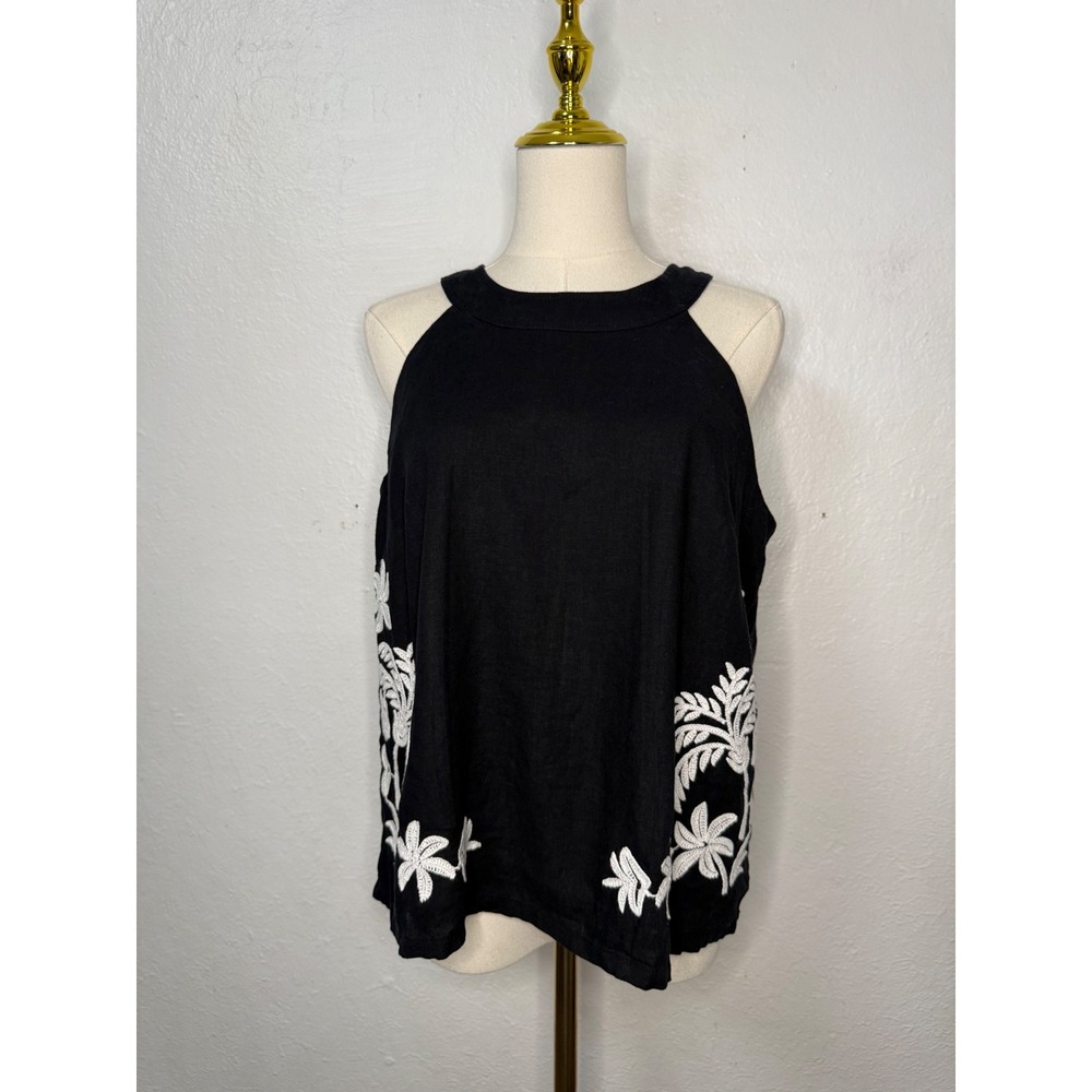 Ann Taylor Women's Small Tank Top Black White Floral Embroidered Linen Blend - Picture 2 of 8